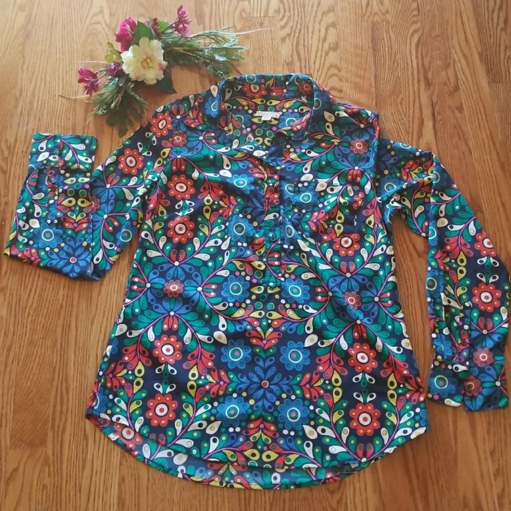 NWOT Merona Long Sleeves Floral Button Collar Top
